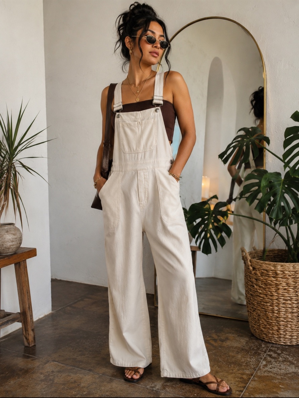 Nasty Gal Cream Wide Leg Overalls Jumpsuit Adjustable Straps Size 6